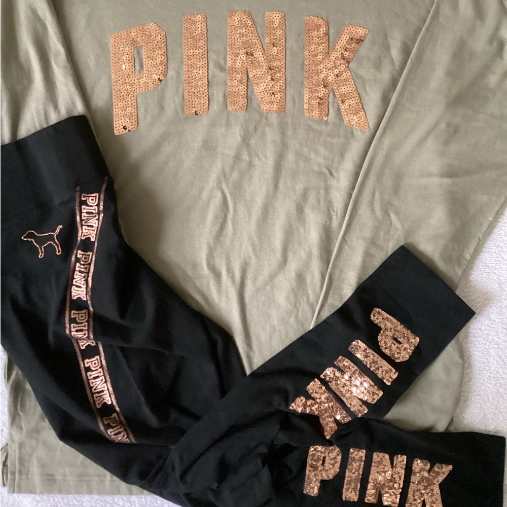 Victoria’s Secret PINK Rose Gold BLING Tunic Shirt Yoga Leggings Medium M NWT